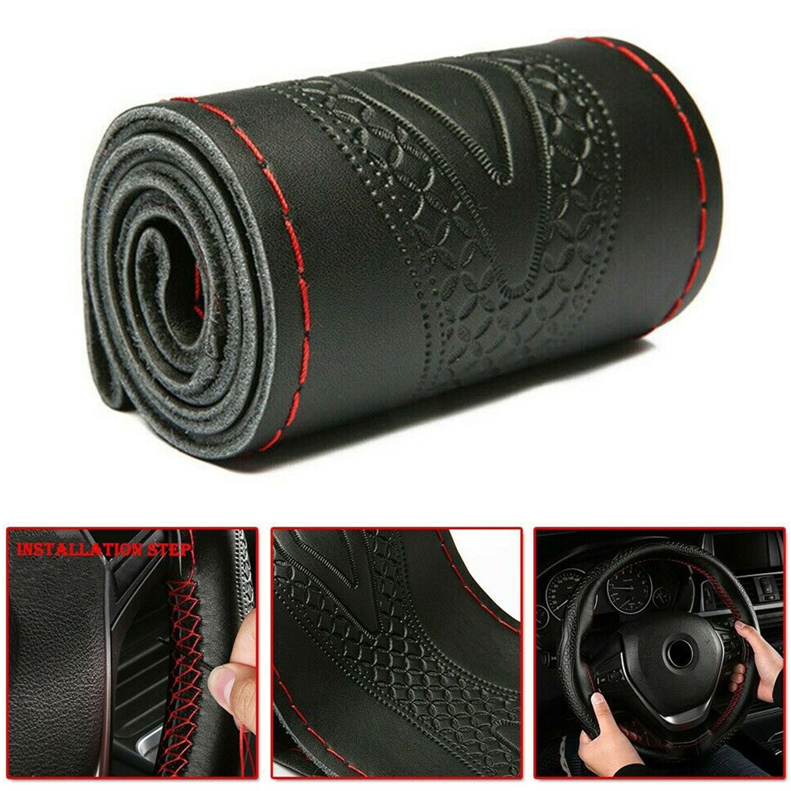 Leather DIY Car 37-38cm Steering Wheel Cover Auto SUV Black Red Universal