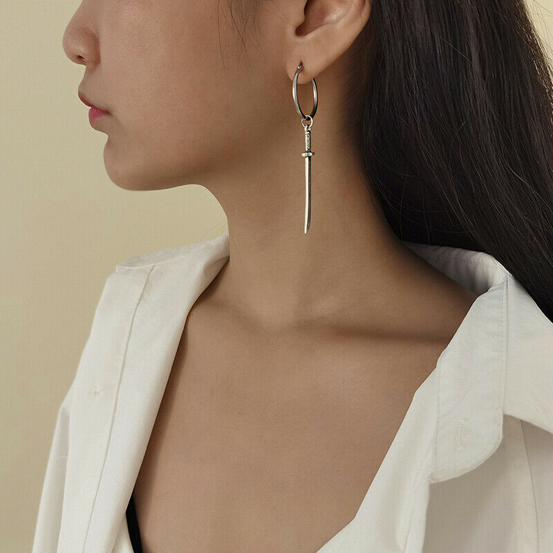Fashion Sword Shape Pendant Tassel Drop Dangle Earrings Stud Women Men Je.l8