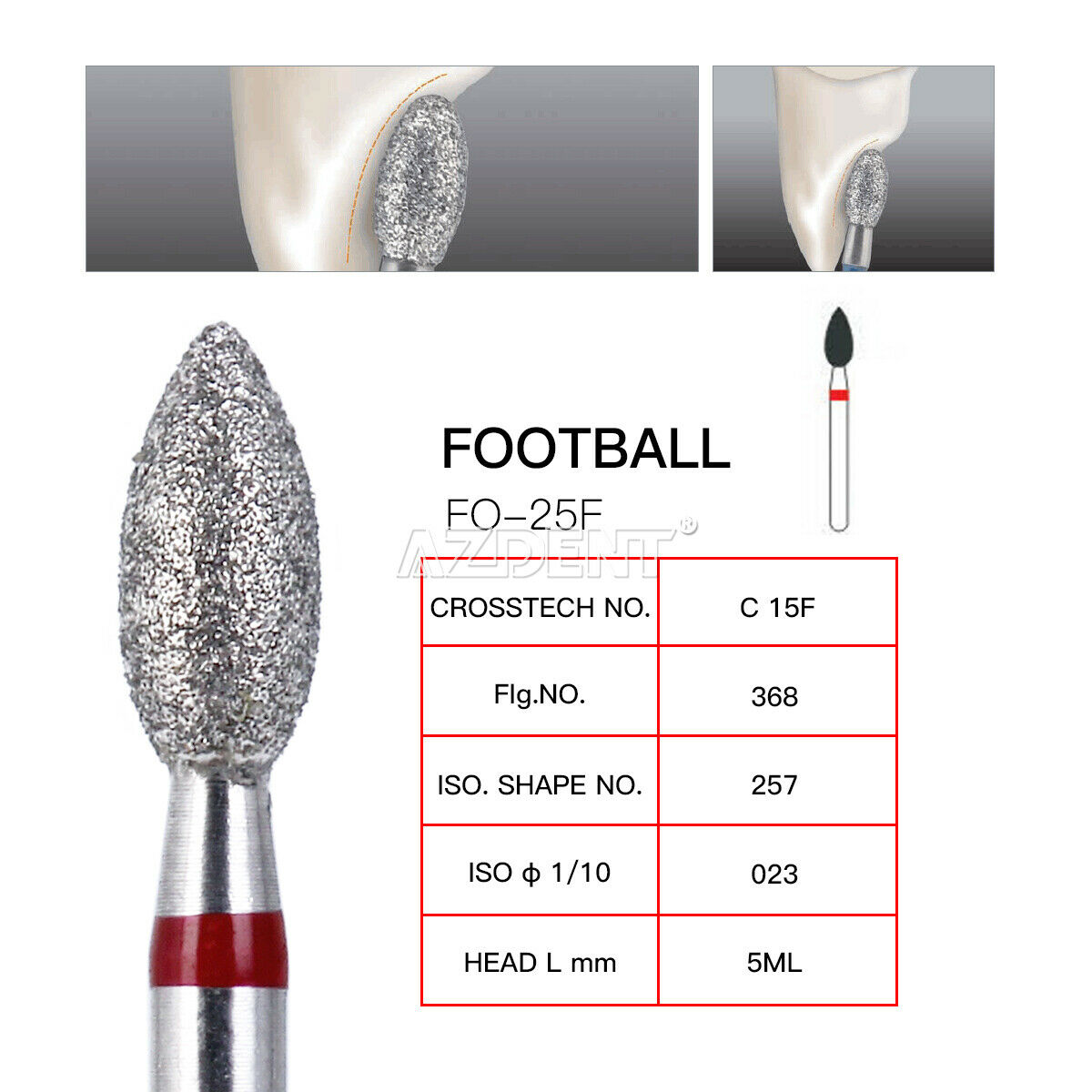 50 Boxes AZDENT Dental Diamond Burs Football #368-023F Fine Red 10pcs/Box