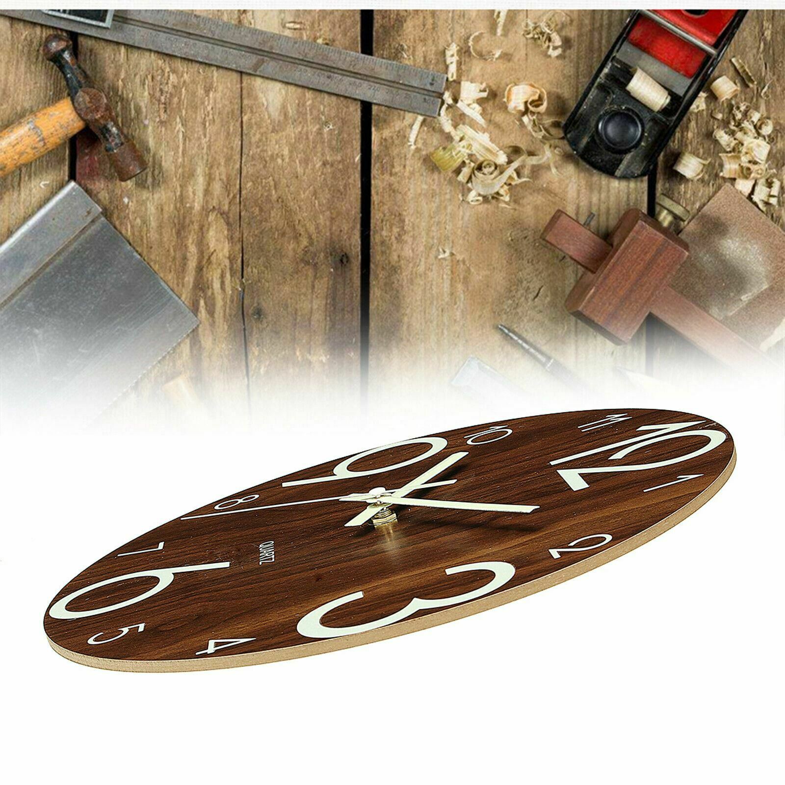 12" Luminous Silent Non Ticking Wooden Glow In Dark Home Decor Quartz Wall Clock