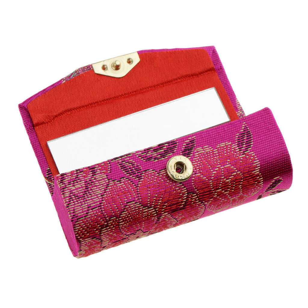 Flower Design Retro Lipstick Case Brocade Embroidered Holder Box w/ Mirror