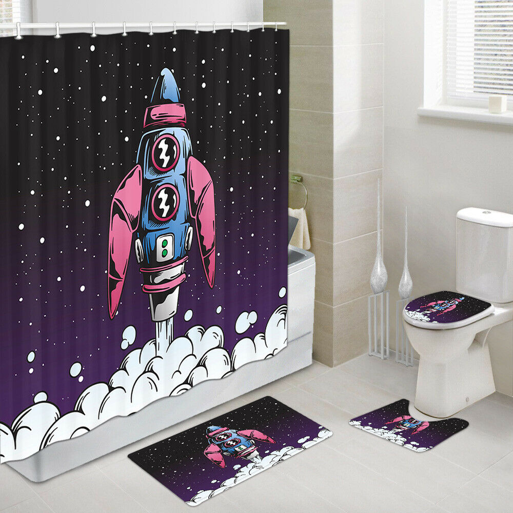 Rocket Ready To Take Off Shower Curtain Bath Rug Toilet Lid Seat Cover 4PCS-Set