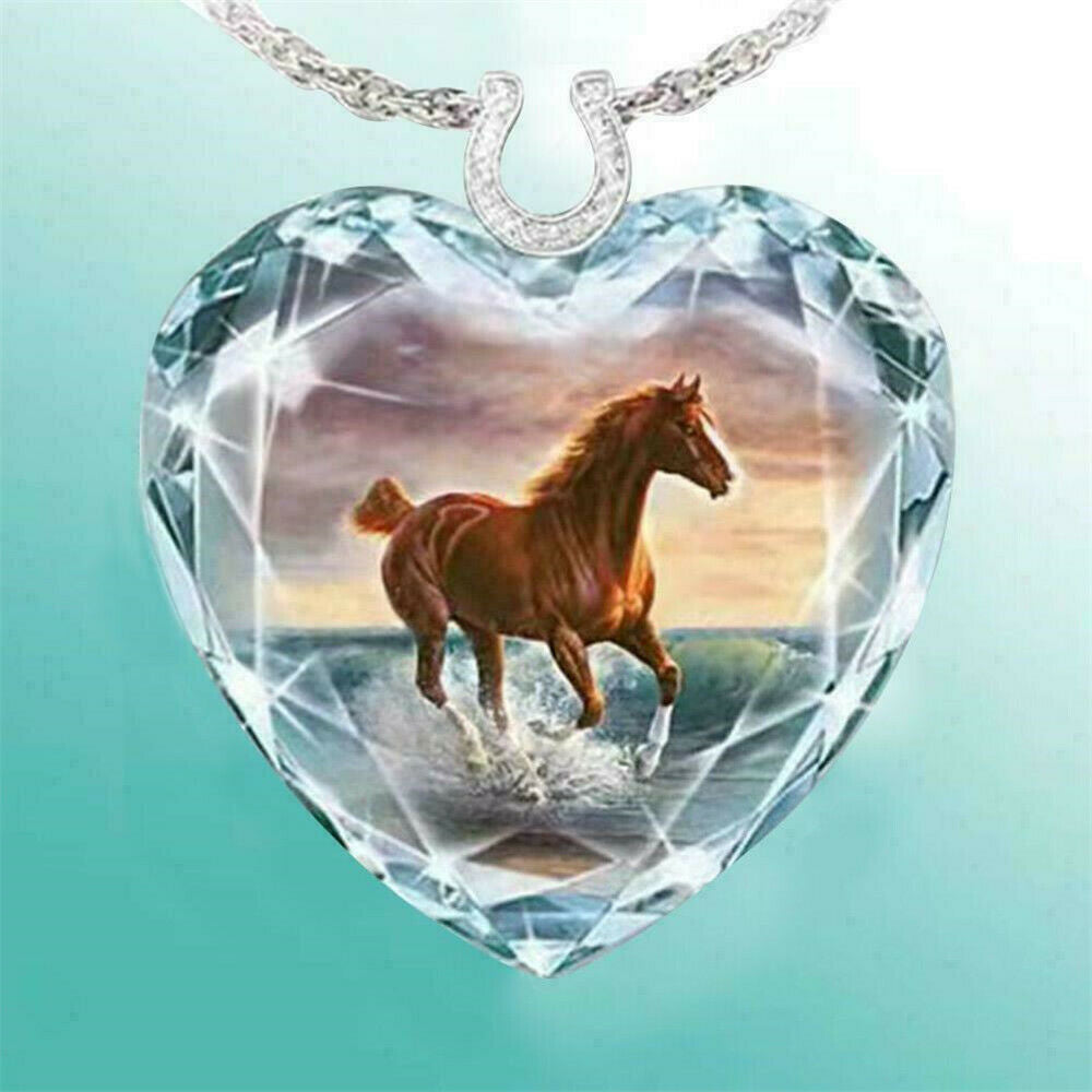 Women's Peach Heart Animal Pendant Charm Necklace Horse Crystal Jewelry Fashion