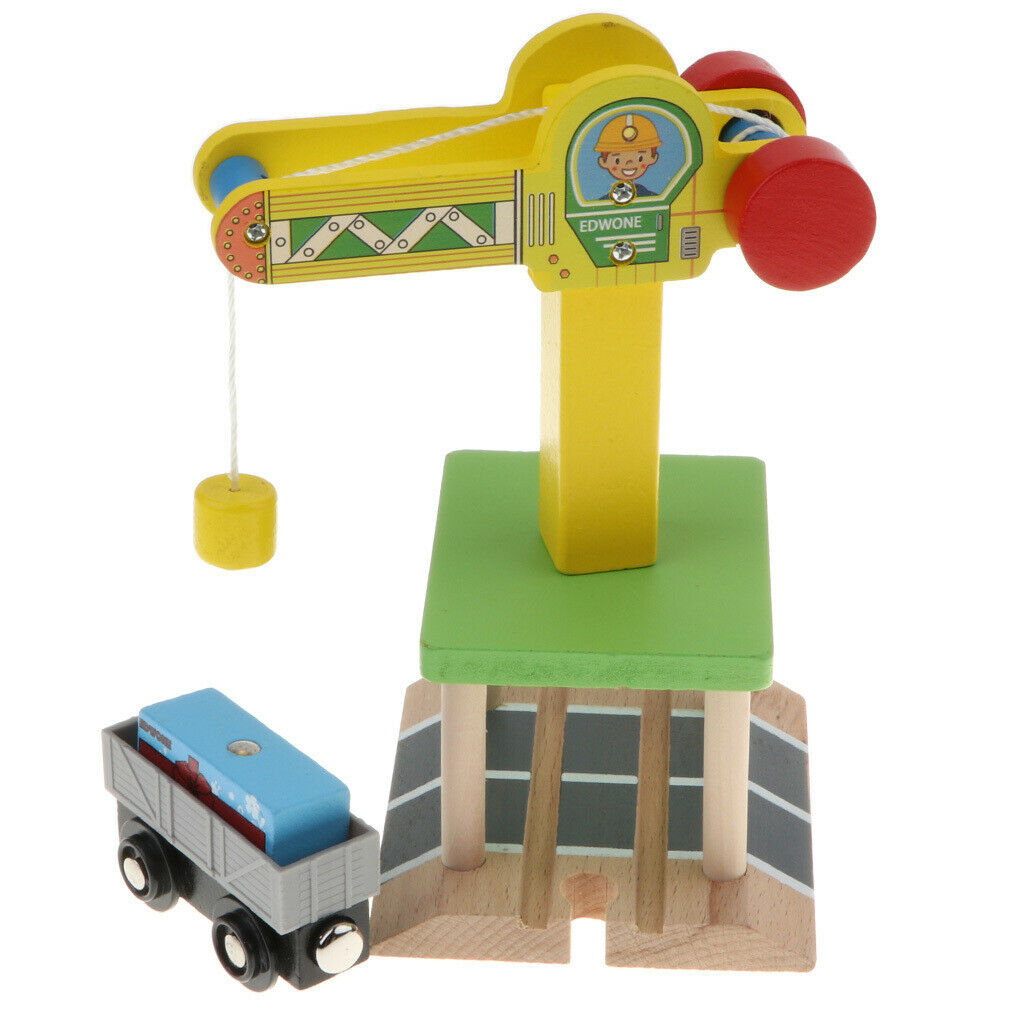Wooden Trains Railway Set Compatible Accessories - Track Crane & Freight Car