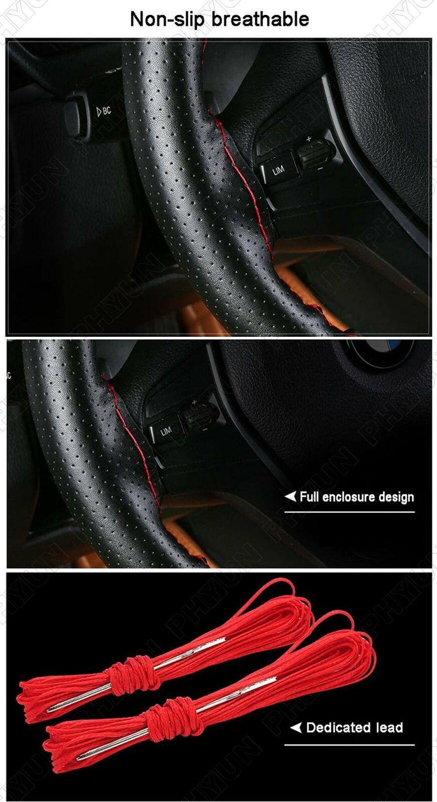 38cm DIY Hand Sewing Car Steering Wheel Cover Premium Leather Black & Red Line