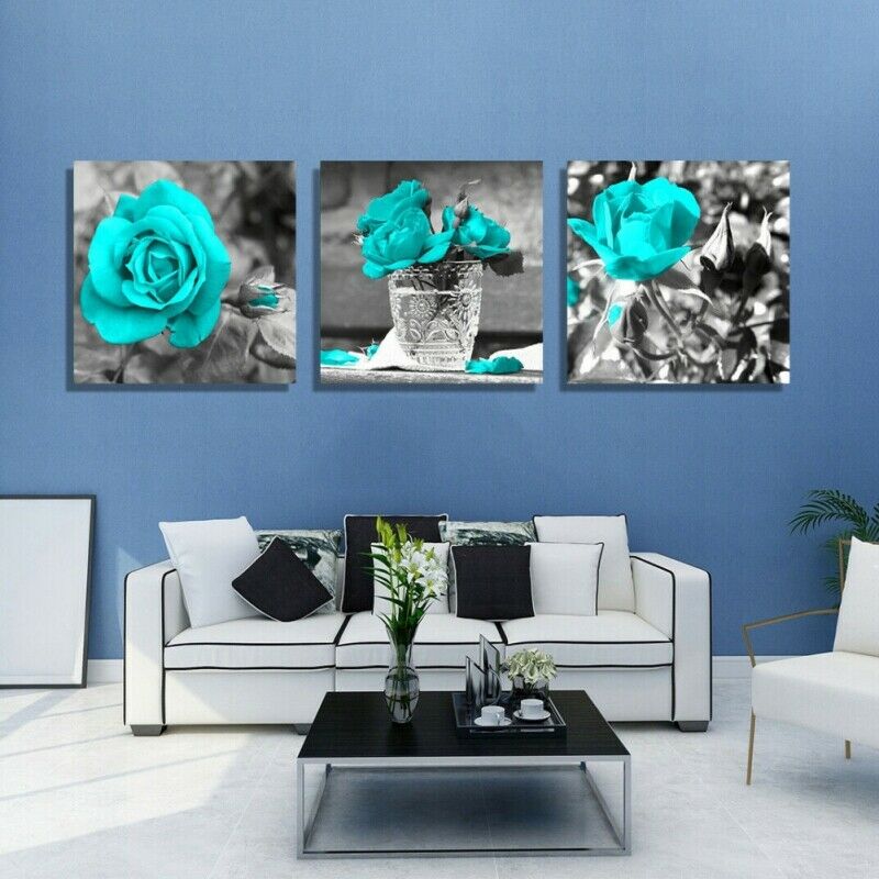 12x12â€ 3 Panels Canvas Wall Blue Rose Painting Pictures Wall Art Decor Home