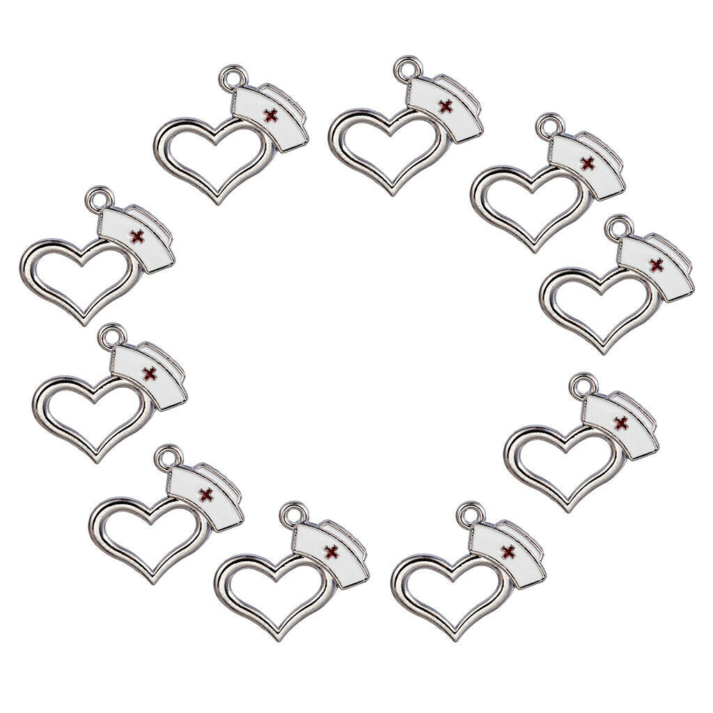 10Pcs Enamel Nurse   Charms Pendants Heart for DIY Necklace Jewelry Making