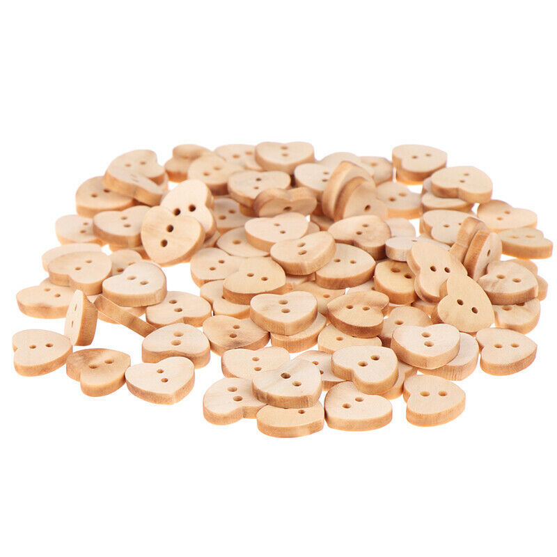 100pcs Heart Shaped Wooden Buttons Natural Sewing Buttons Craft Clothes De DD