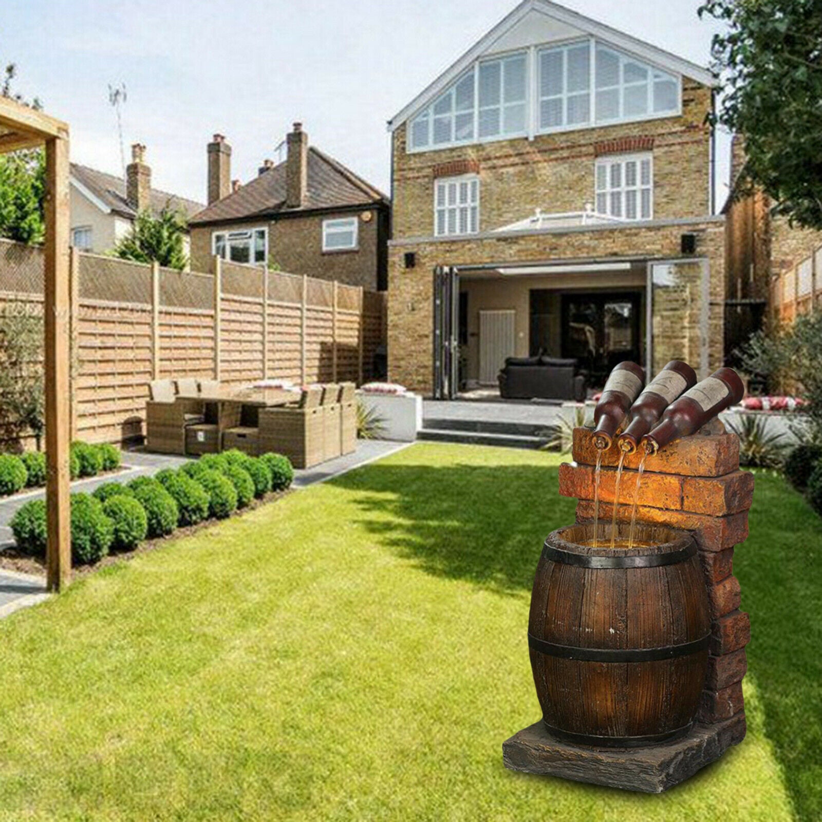 Mini Wine Bottle and Barrel Garden Water Fountain Rustic Home Decoration