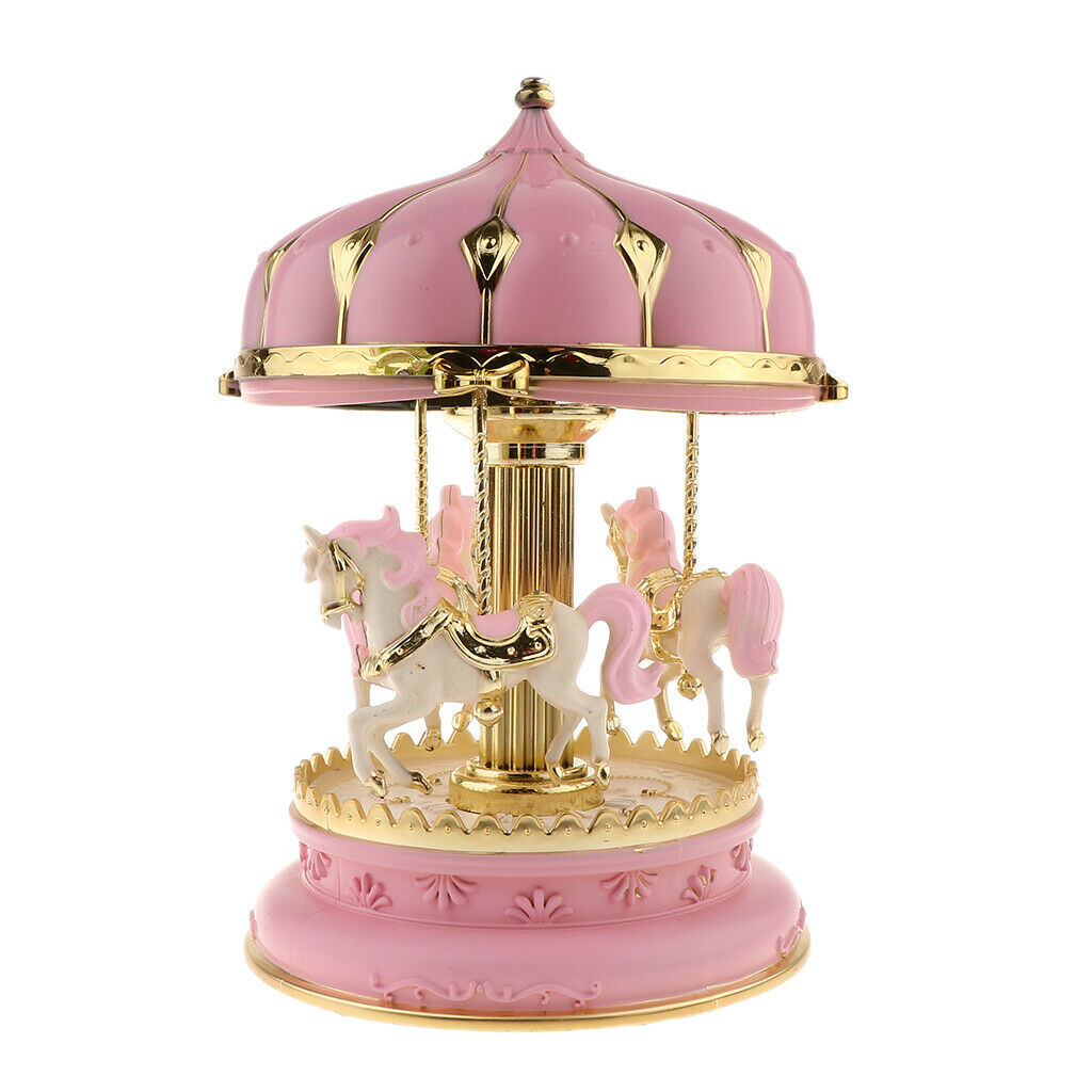 Carousel Music Box Spinning Horses Romantic Wedding Birthday Xmas Gift Pink
