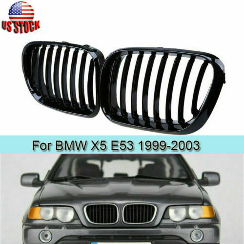Pair Fit BMW X5 E53 2000 2001 2002 2003 Front Bumper Kidney Grilles Gloss Black