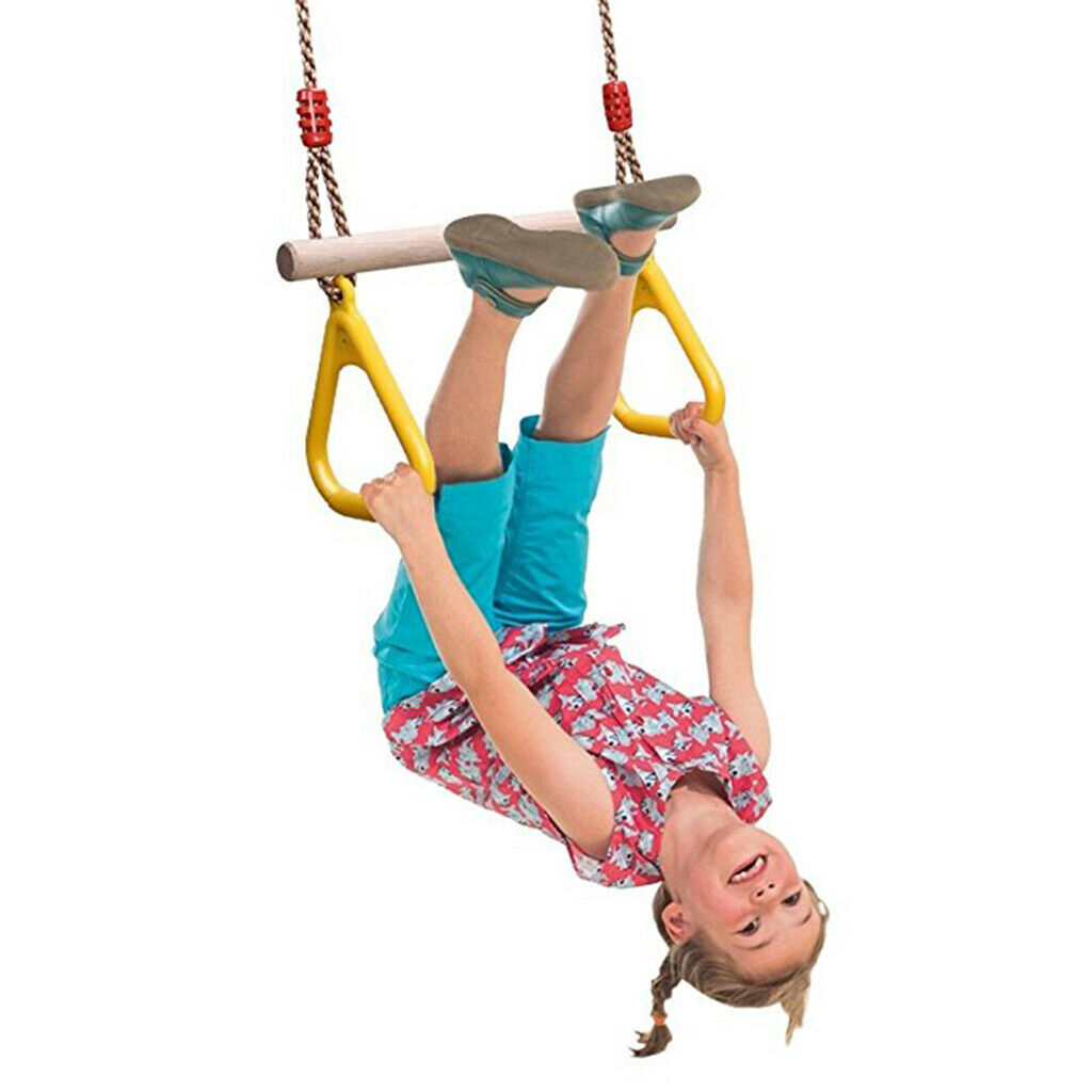 Wooden Trapeze Swing Plastic Triangular Gym Rings Fun Garden Play Yellow