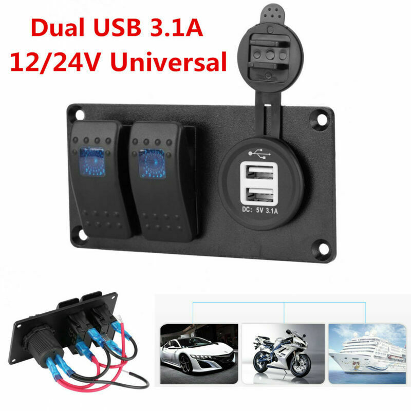 2-Gang LED Rocker Switch Panel Circuit Breaker Dual USB Charger Car Marine Boat