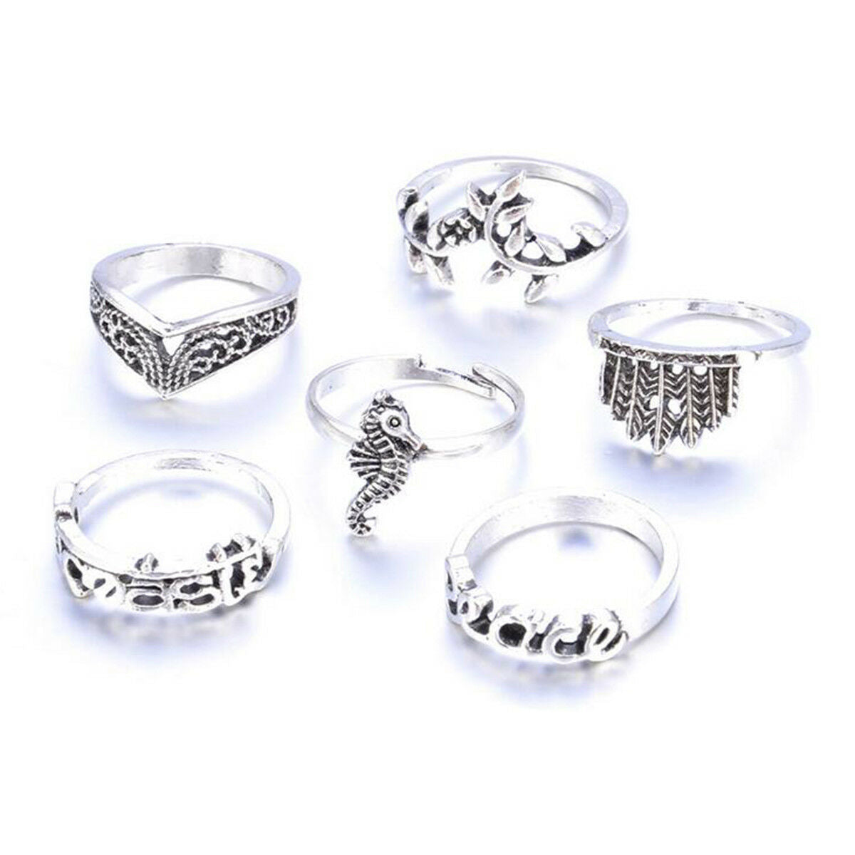 6pcs/Set Feather Hippocampus Ocean Knuckle Ring Peace Carved Flower Rings Set