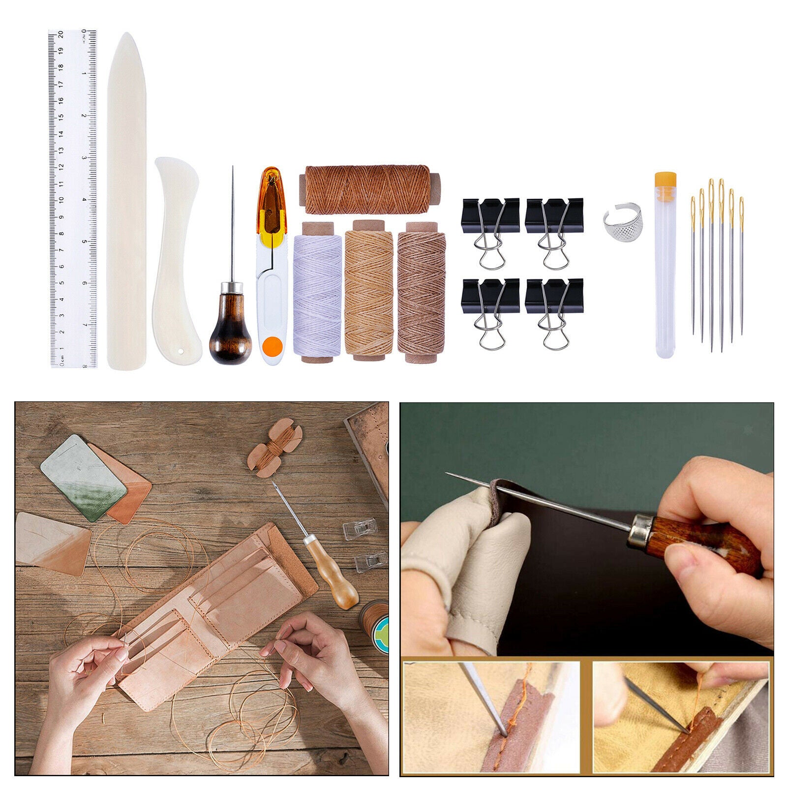 Leather Crafting Tool DIY Leathercraft Kit Bone Folder Ruler Awls Clips