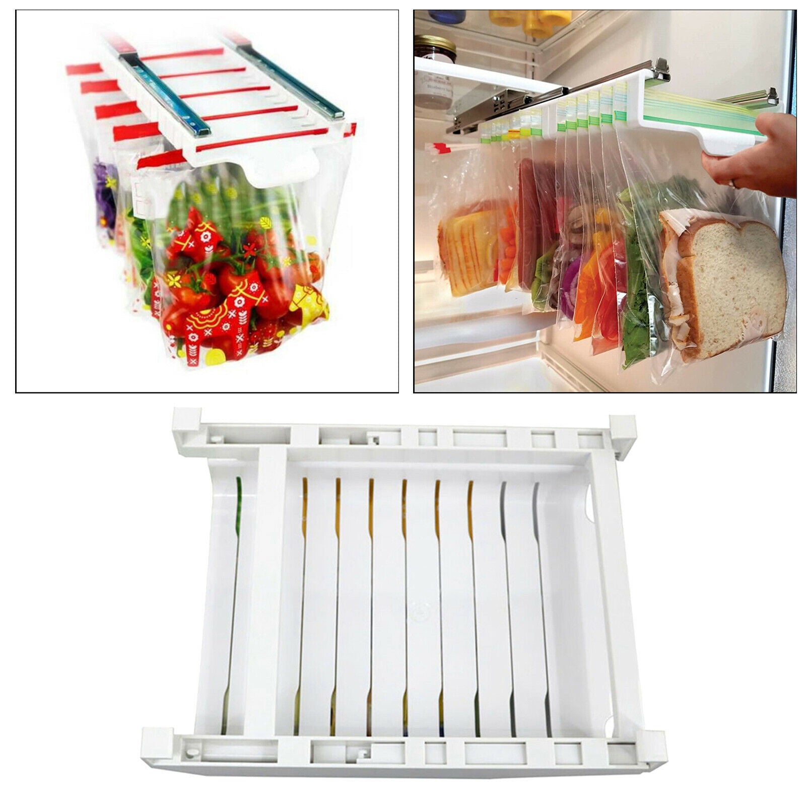 Zipper Bag Storage Organizer Slide Rack for Fridge Drawer Access Food Hanger