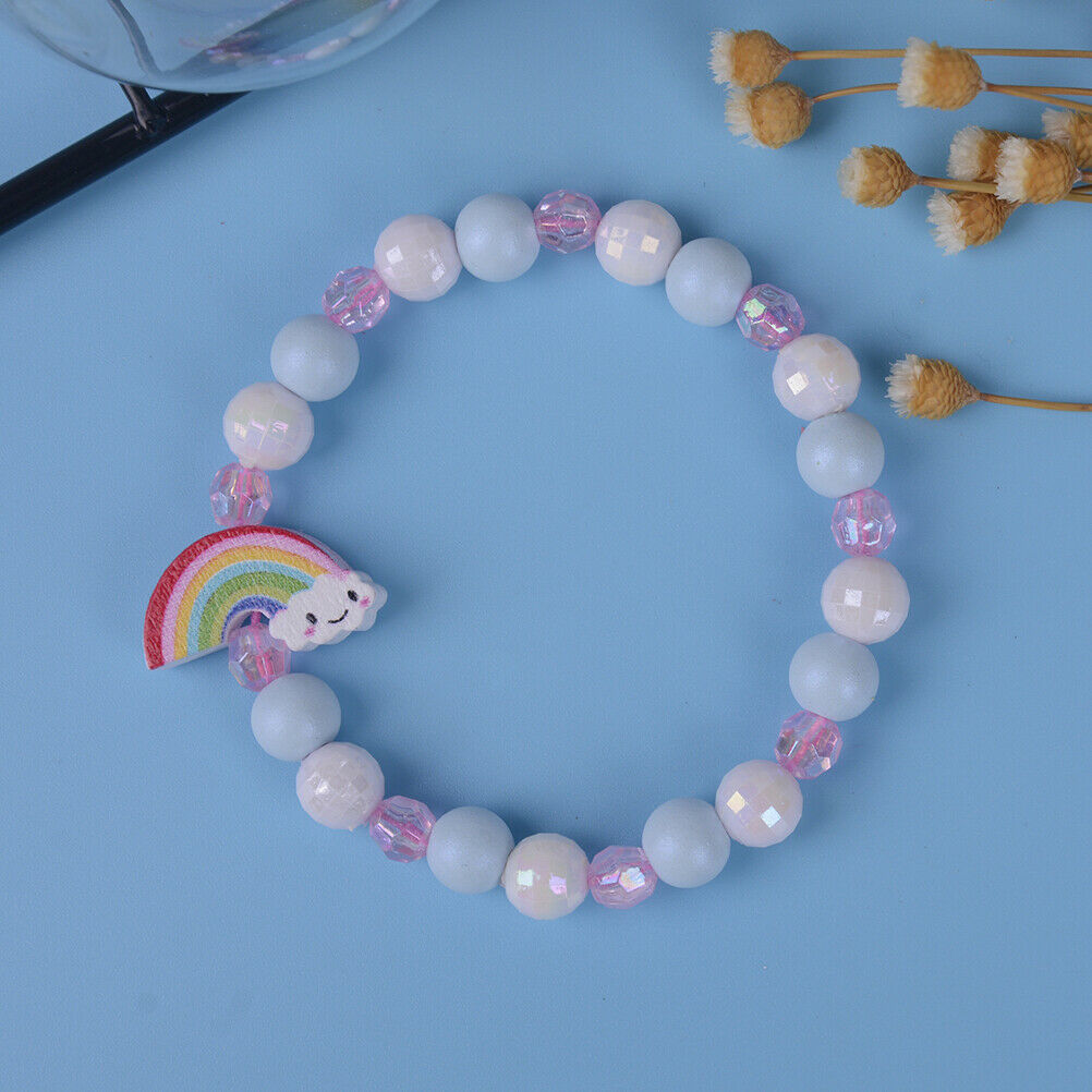 1 Set/3Pcs Cartoon rainbow wood beads girls jewelry set kids children bra.l8