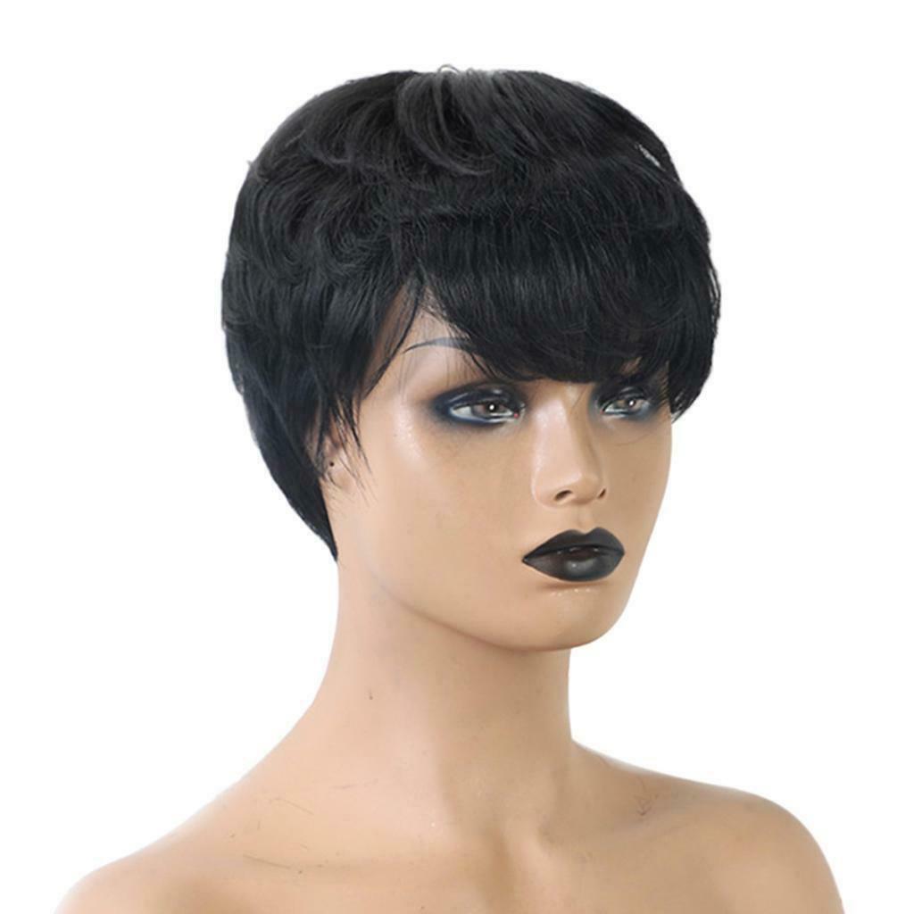 8" Women Pixie Cut Straight Daily Wig w/ Bangs Layered Short Human Hair Wigs
