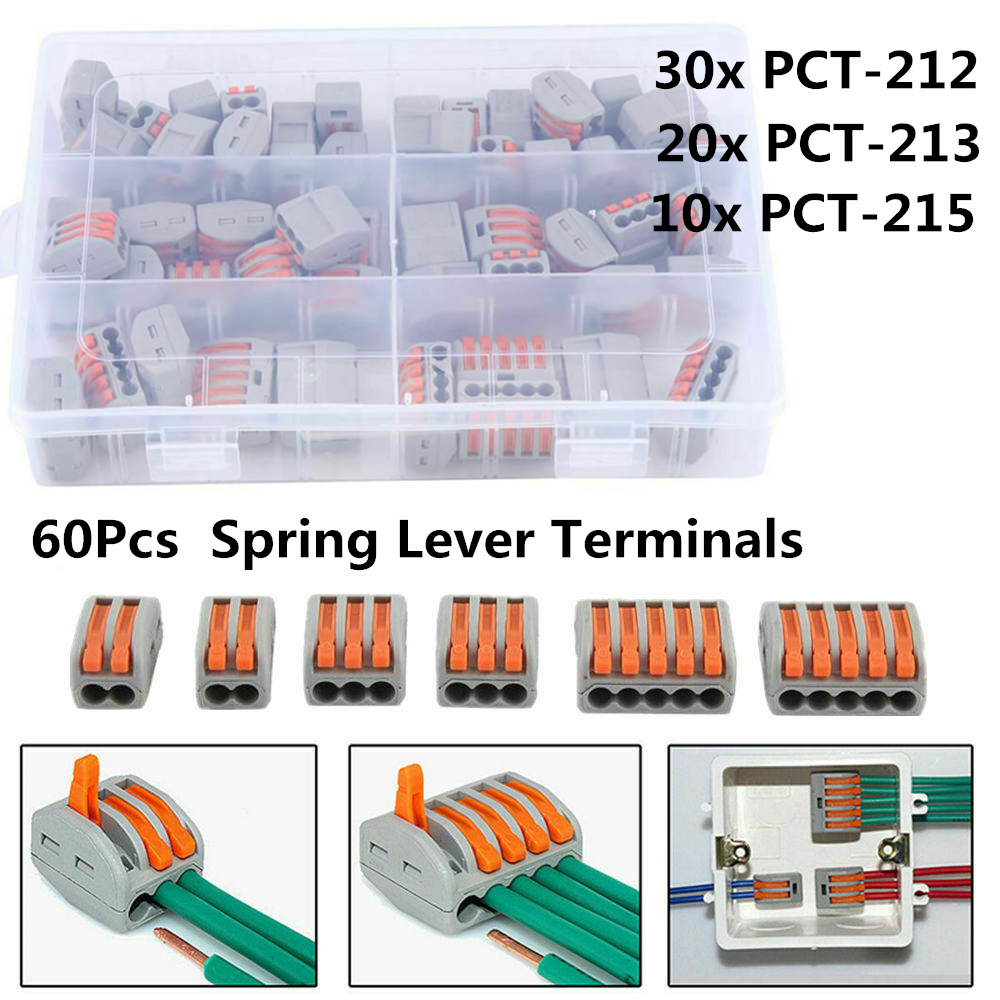 60Pcs Way Spring Lever Terminal Block Electric Cable Wire PCT-212/213/215 NEW