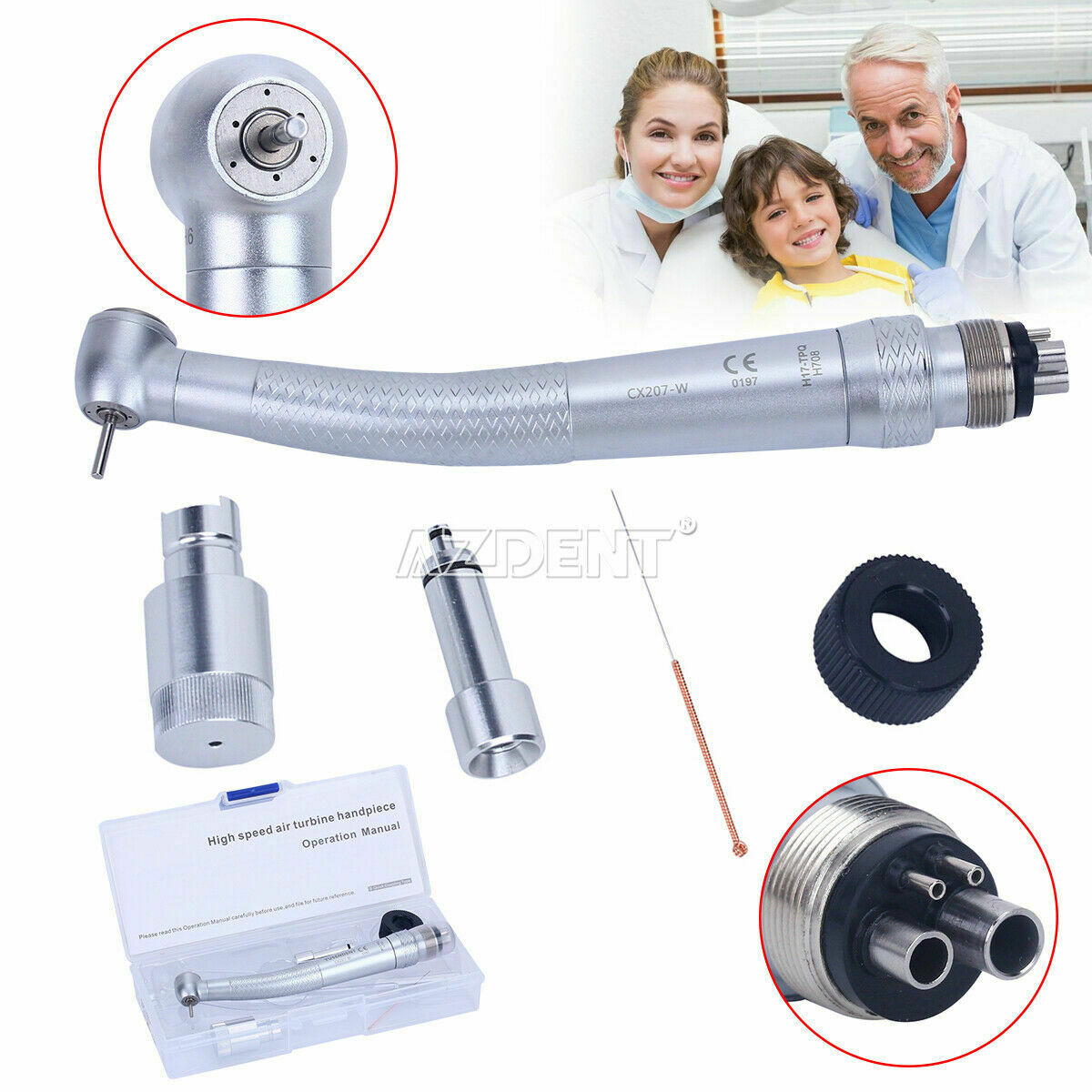 3 X Dental High Speed Handpiece Torque Head W/4Hole Coupler Coupling Push AZDENT