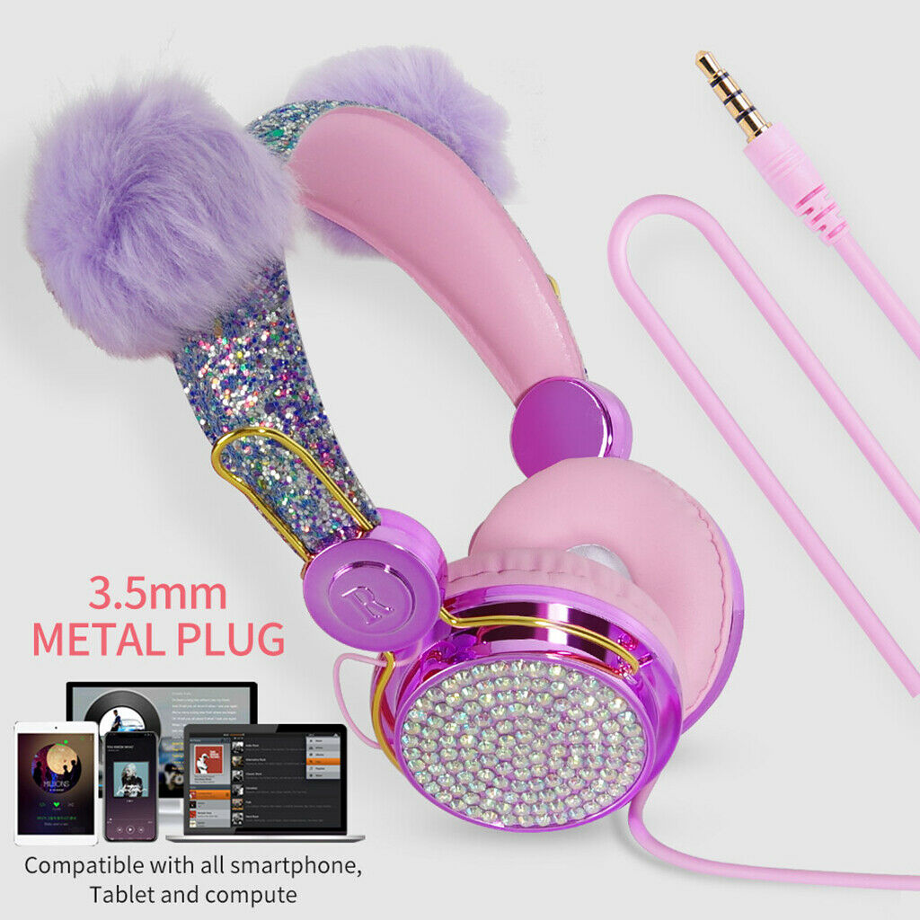 Lovely Glitter Bear Ear Kids Wired Headphone with Microphone for Girls