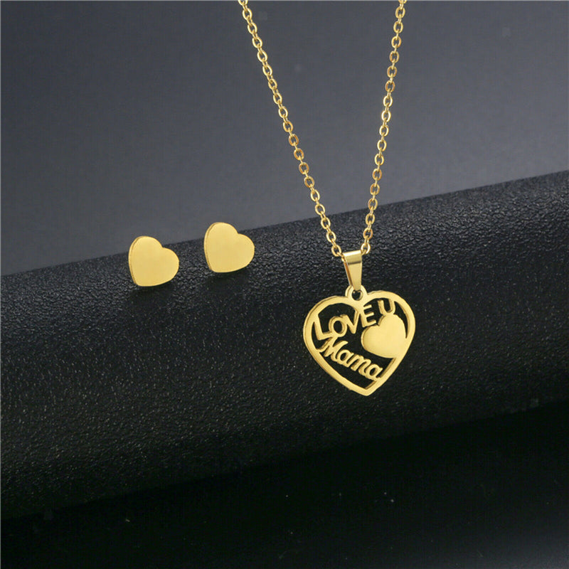 Love Mom Pendant with 2 Ear Stud Earrings Christmas Birthday Jewelry Gifts