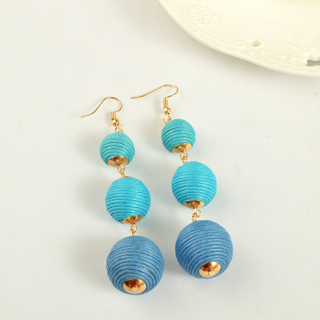 Handmade Women Multi Layer Balls Woolen Earrings Ear Hook Dangle Light Blue