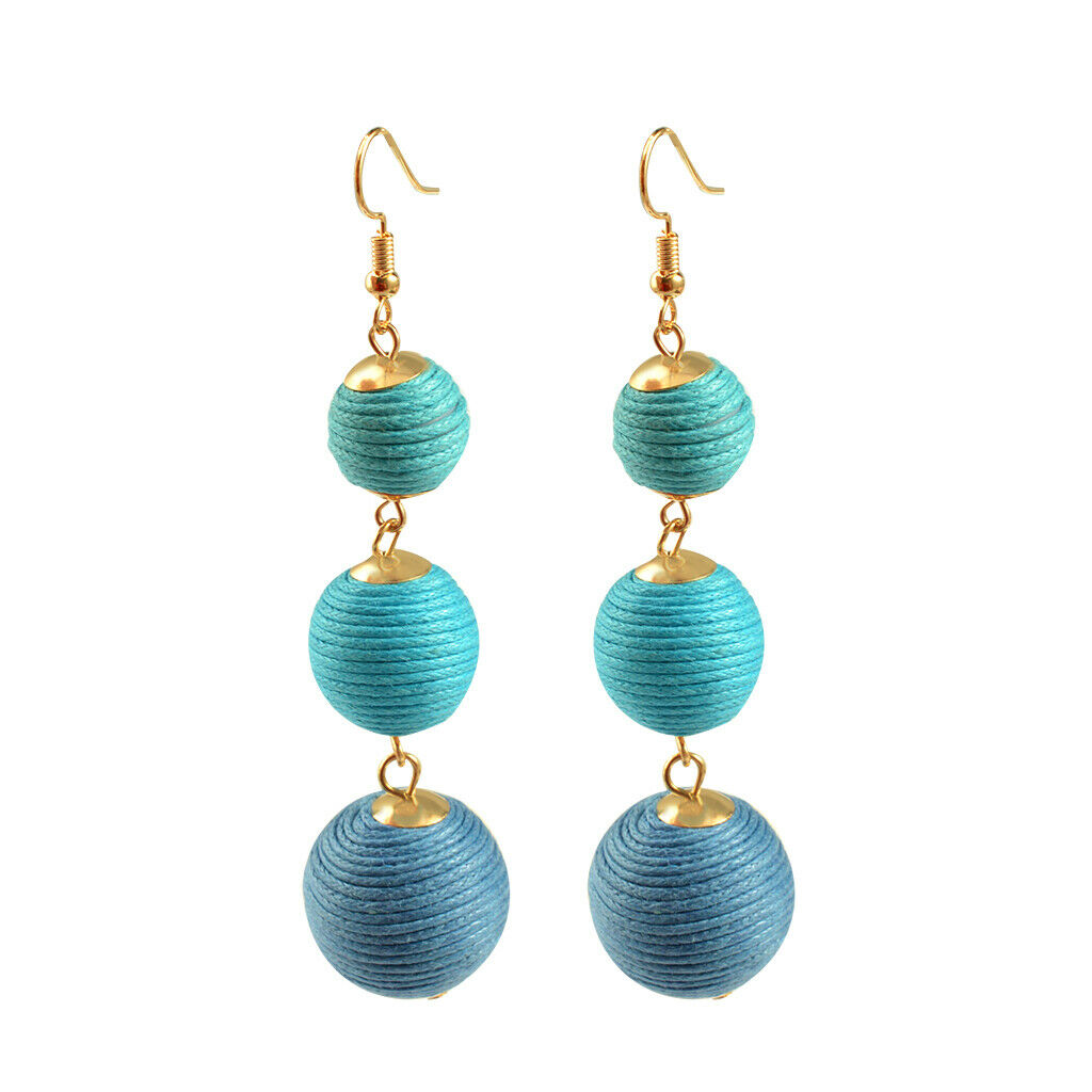 Handmade Women Multi Layer Balls Woolen Earrings Ear Hook Dangle Light Blue