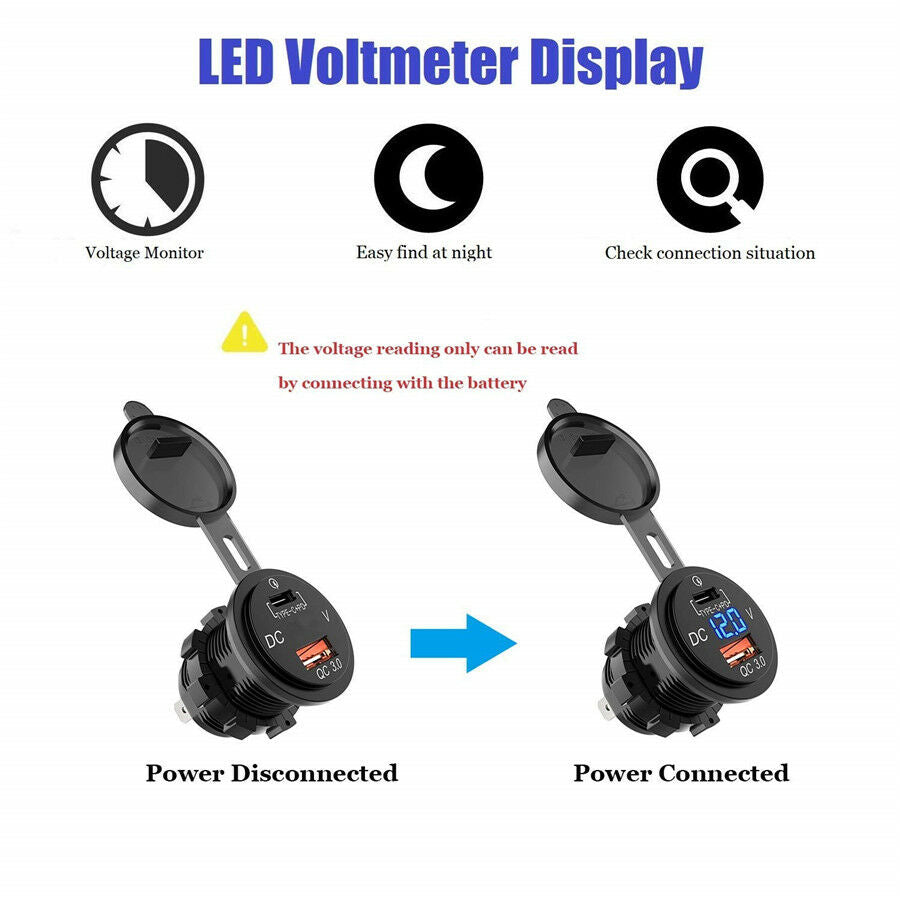 36W C Charger Socket with 5V/3A Quick Charge 3.0 Ports LED Digital Voltmeter