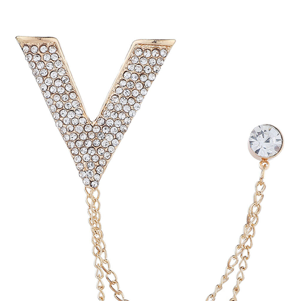 2x Crystal V Brooch Chain Collar Lapel Pin Wedding Party Tuxedo Shirt Stud