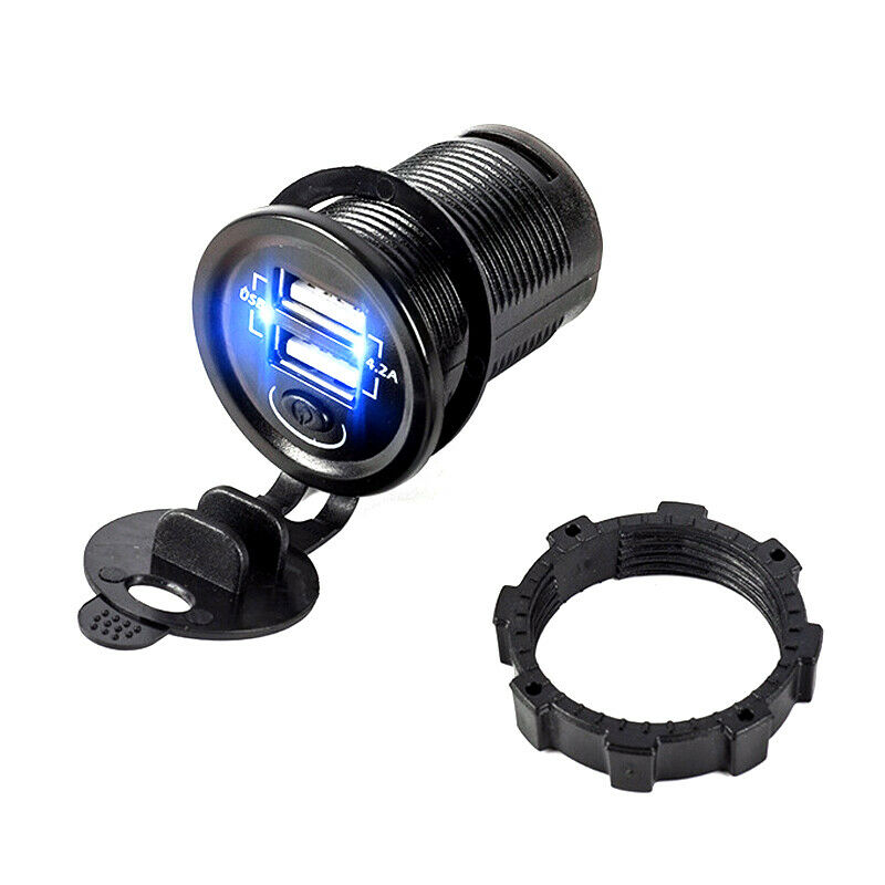 12V-24V Car ATV UTV Phone Charger Dual USB +2.1A Power Socket Blue LED w/ Switch