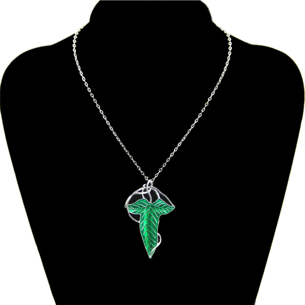Retro Fine Lord of The Rings Green Leaf Elven Pin Brooch Pendant Chain Necklace