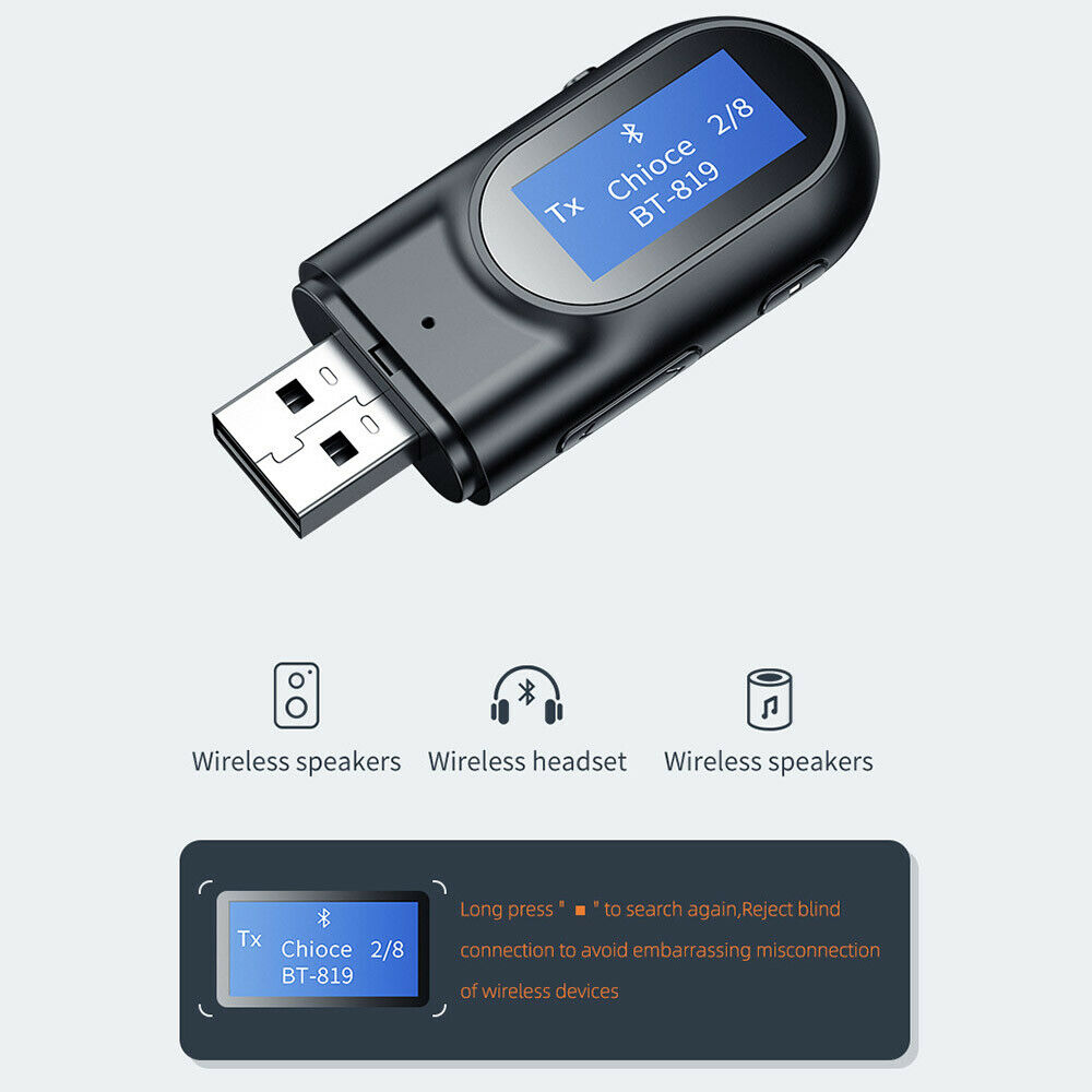 USB Bluetooth LCD Display Transmitter Receiver AUX Audio Adapter for TV/PC/Car