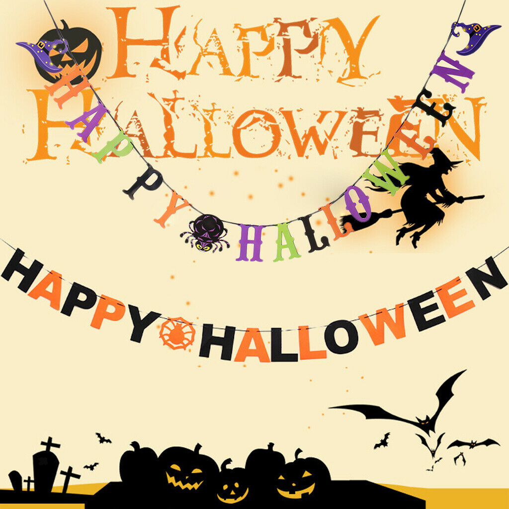 Happy Halloween Bunting Banner Spider Witch Hat Pennant Party Hanging Decor