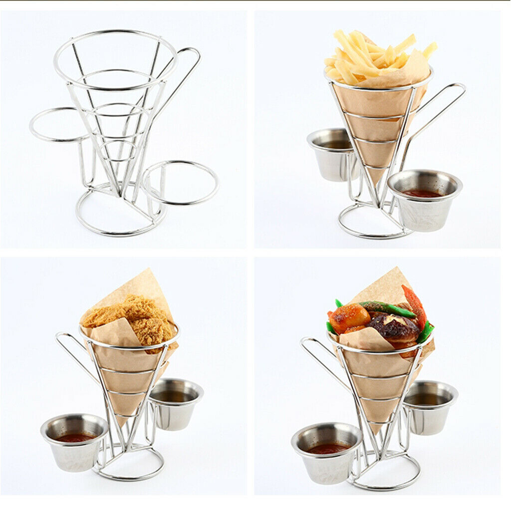 French Fry Holder Stand Cone Rack Snack Basket with 2 Dip Dishes Kitchen