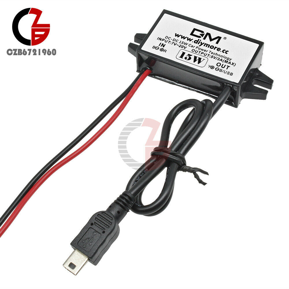 DC-DC Voltage Regulator 12V to 5V 3A 15W Mini USB 5 Pin Cable for Car Charger