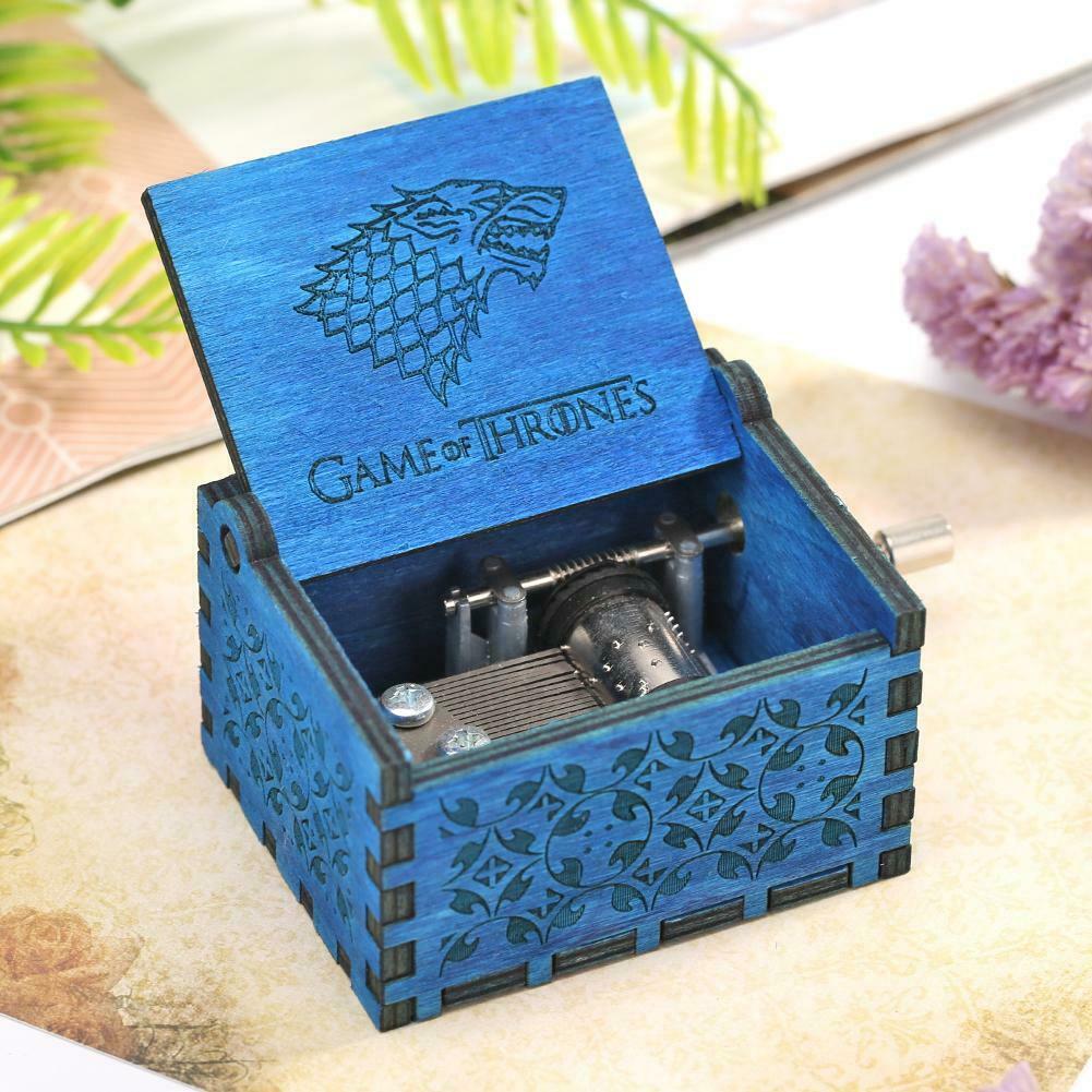 Retro Blue Wood Hand Cranked Music Box Child Xmas Gift Home Decor Ornament @