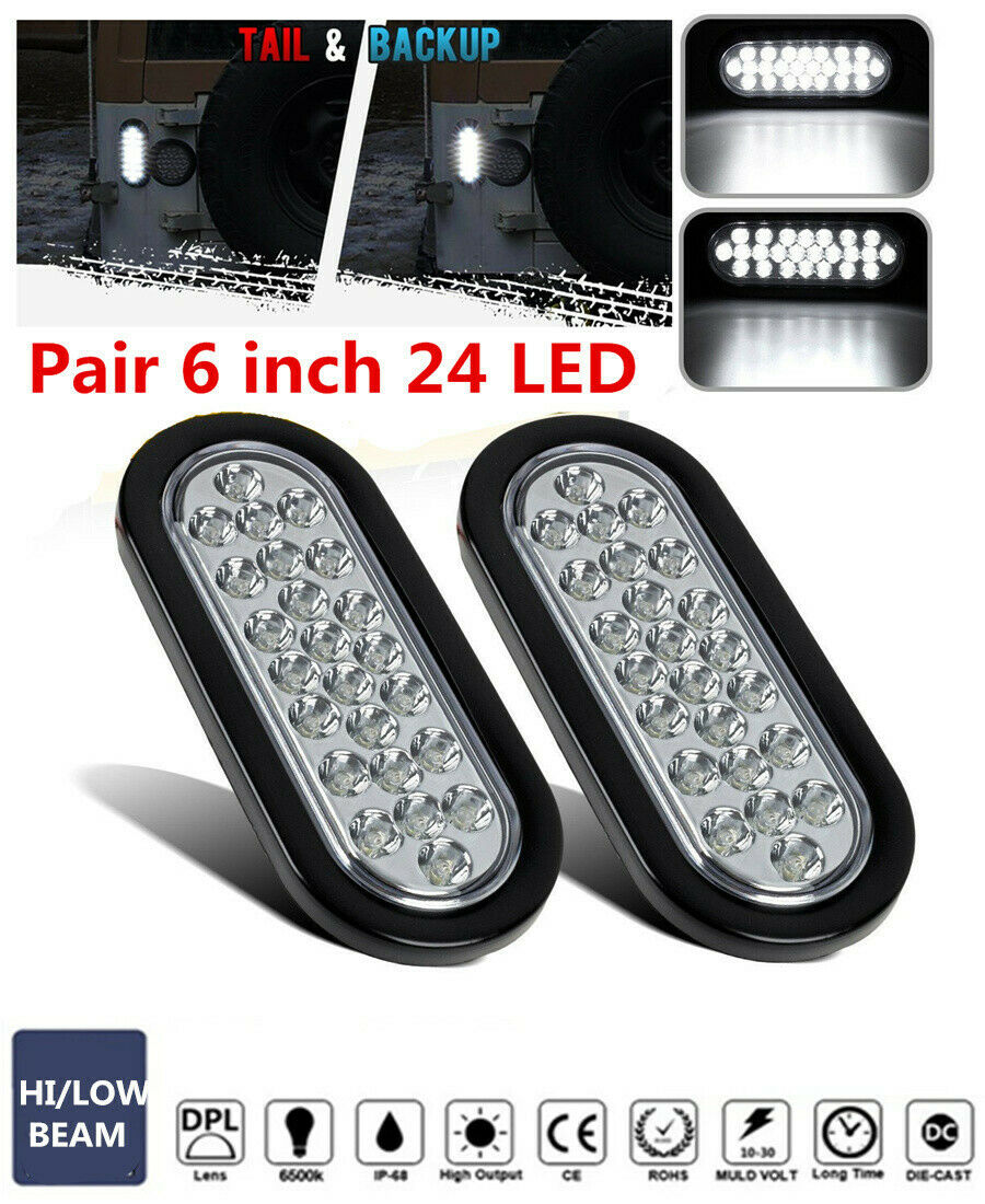 2pcs Trailer Truck Boat Red 24 LED 6" Oval Stop Turn Tail Brake Lights 12V white