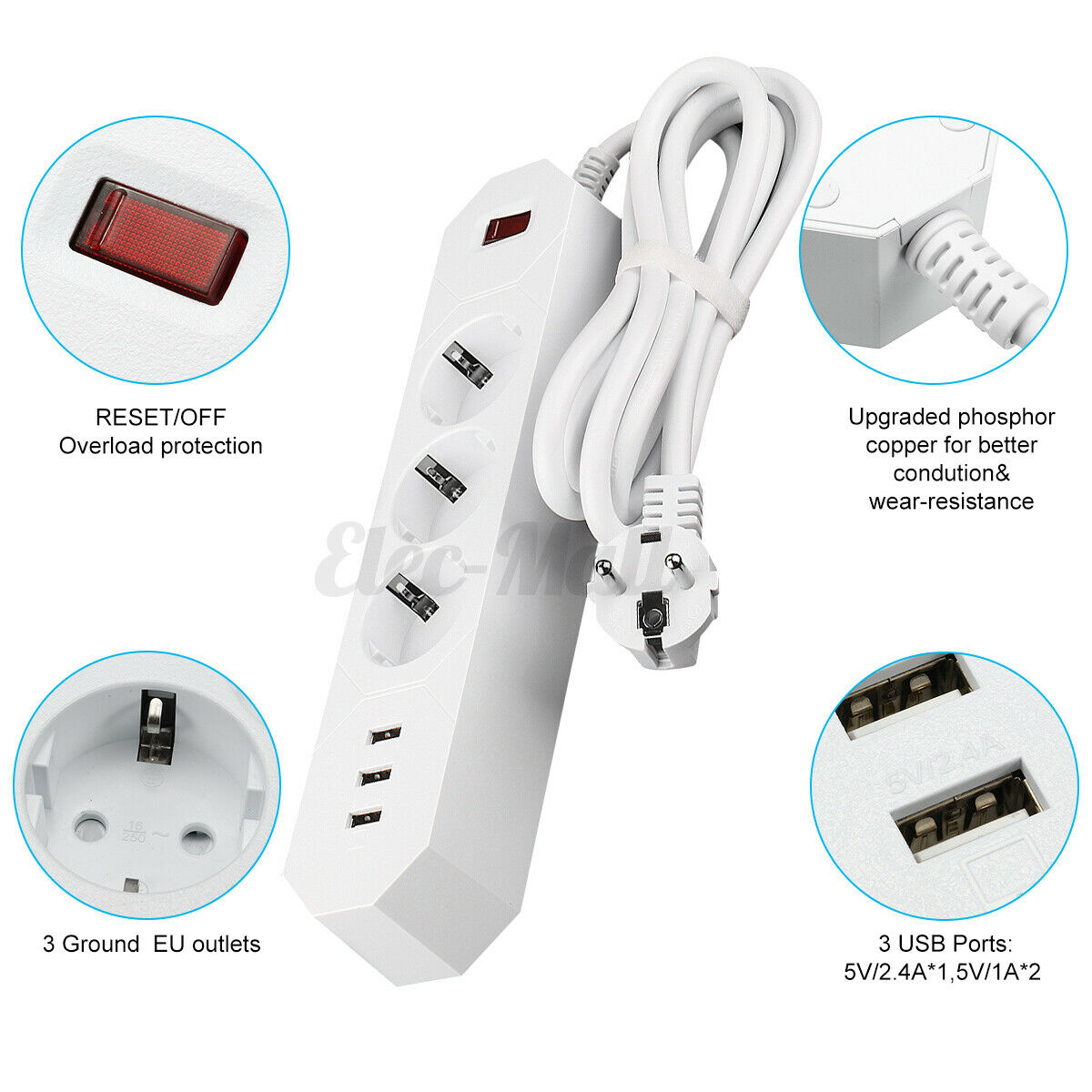 1.8M 3 Outlet Power Strip Surge Protector with 3 USB Ports Lightningproof Socket