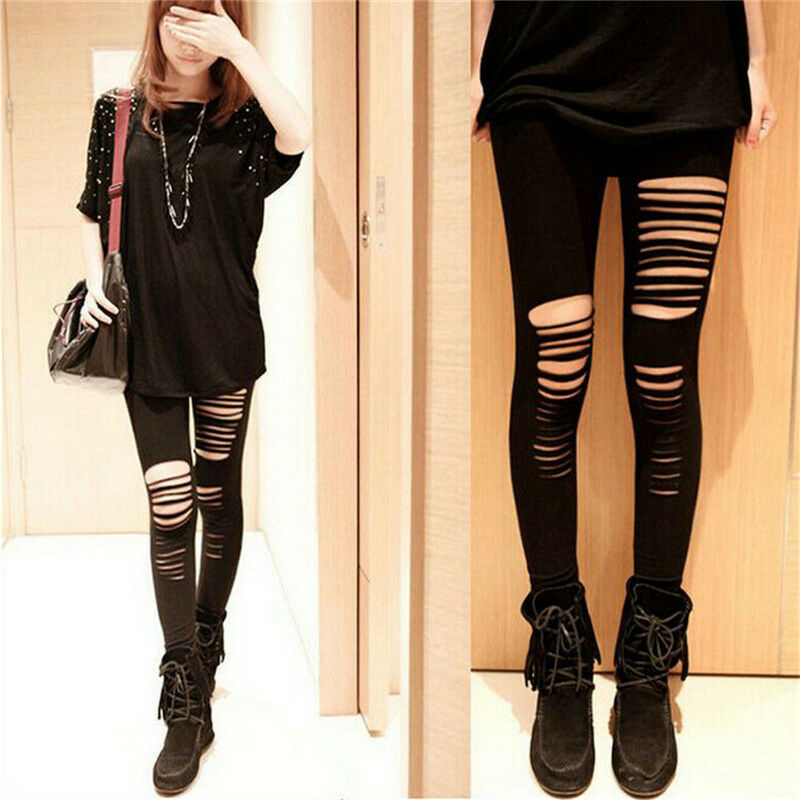 Sexy Black Punk Ripped Torn Slashed Cut Striped Leggings Pants Gothic Club BDDD