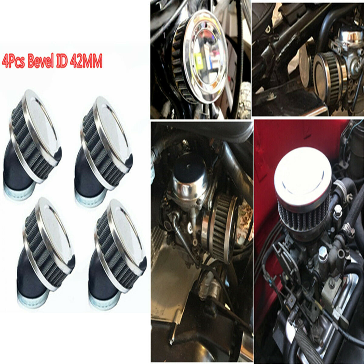 4X Universal Bevel Motorcycle ATV Scooter Air Cleaner Intake Filter Cleaner 42mm