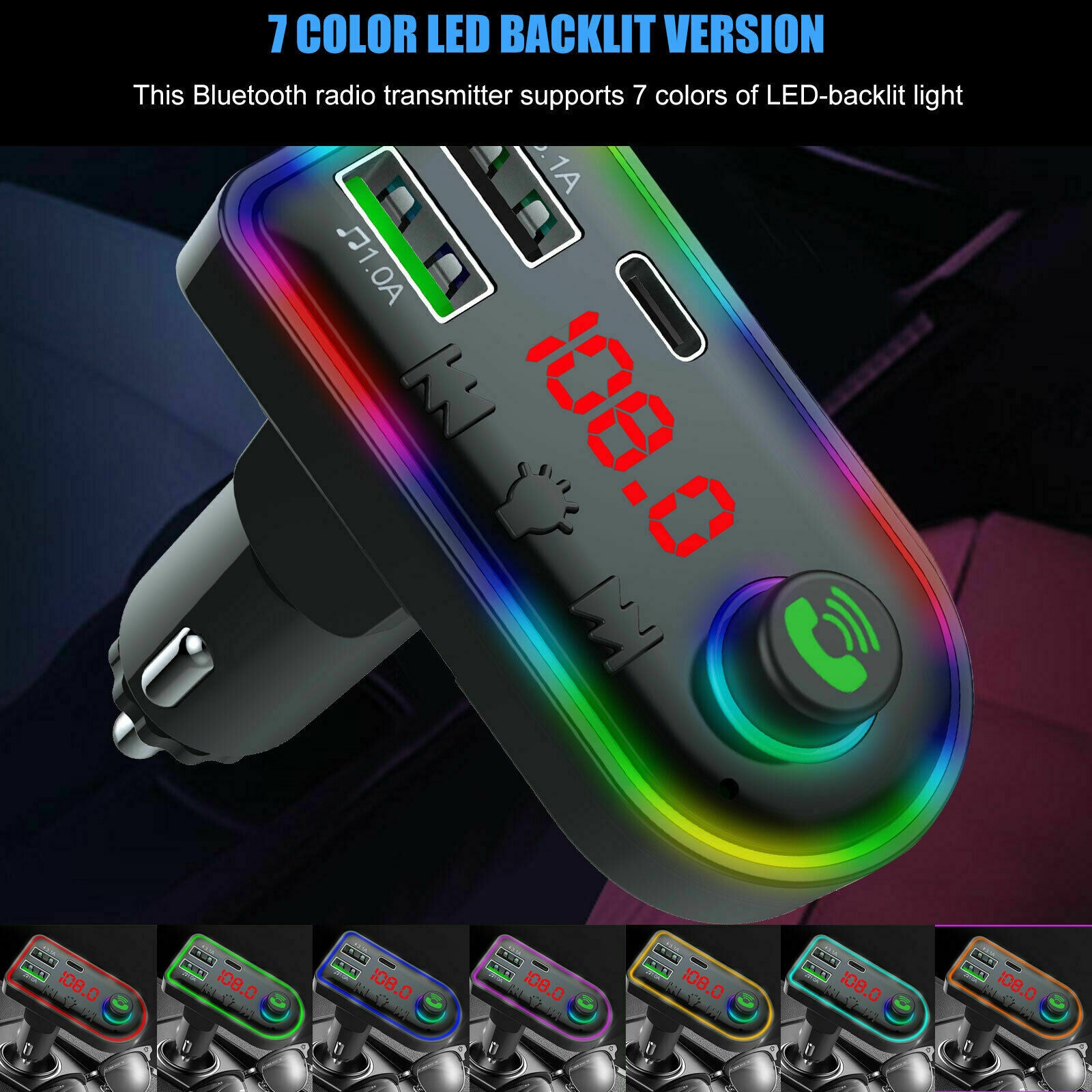 Auto Bluetooth FM Transmitter Wireless Audio Adapter Car Type-C Dual USB Charger