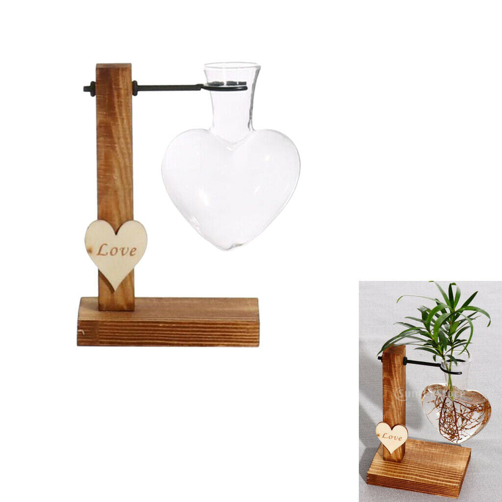 Love Heart Shape Glass Hydroponic Flower Vase Container w/Wooden Stand Decor
