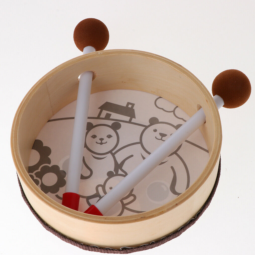 Cute Bear Wood Hand Drum with Drum Sticks Percussion Musical Instruments