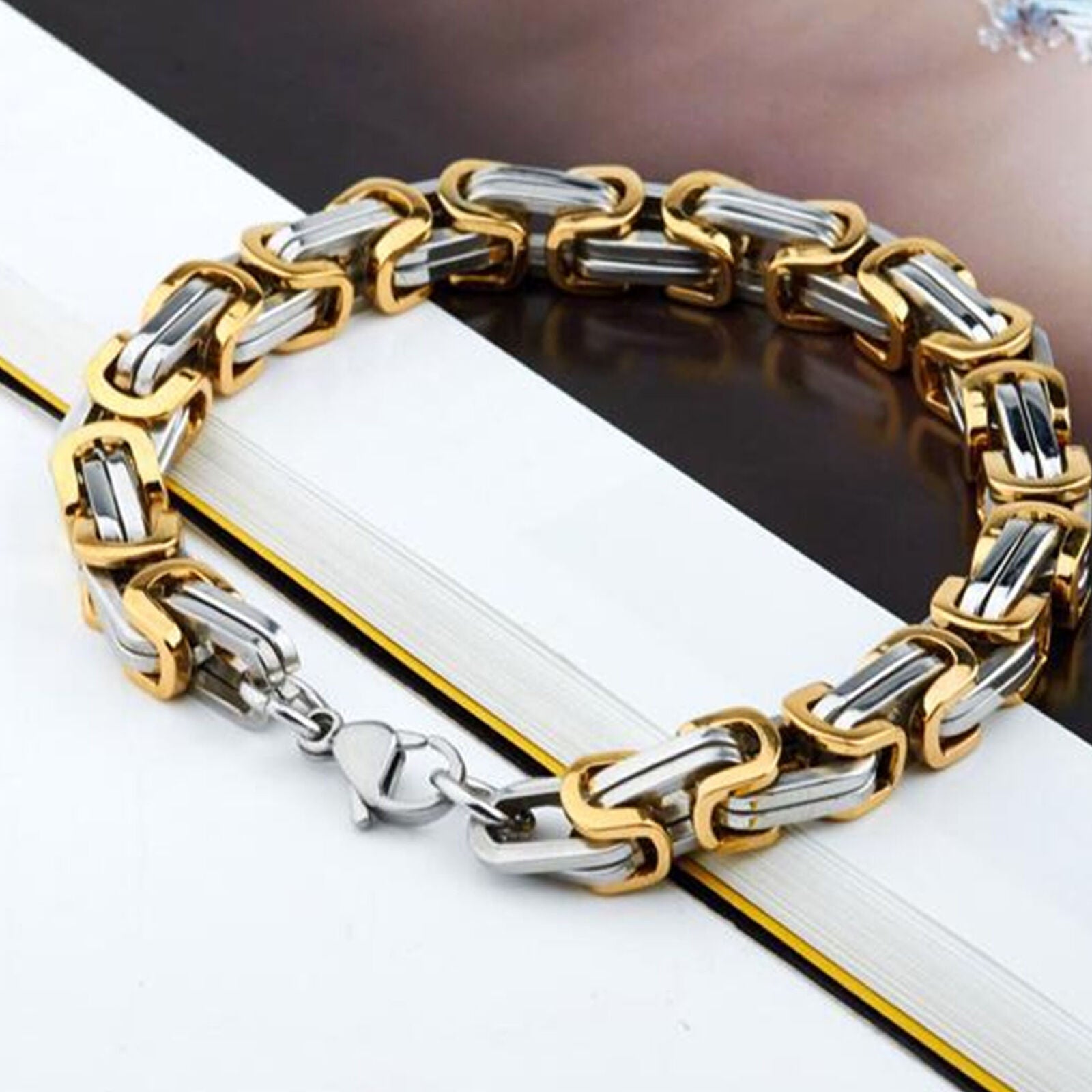 Stainless Steel Byzantine Link Chain Bracelet 8.66" 8MM Men's Square Mechanic