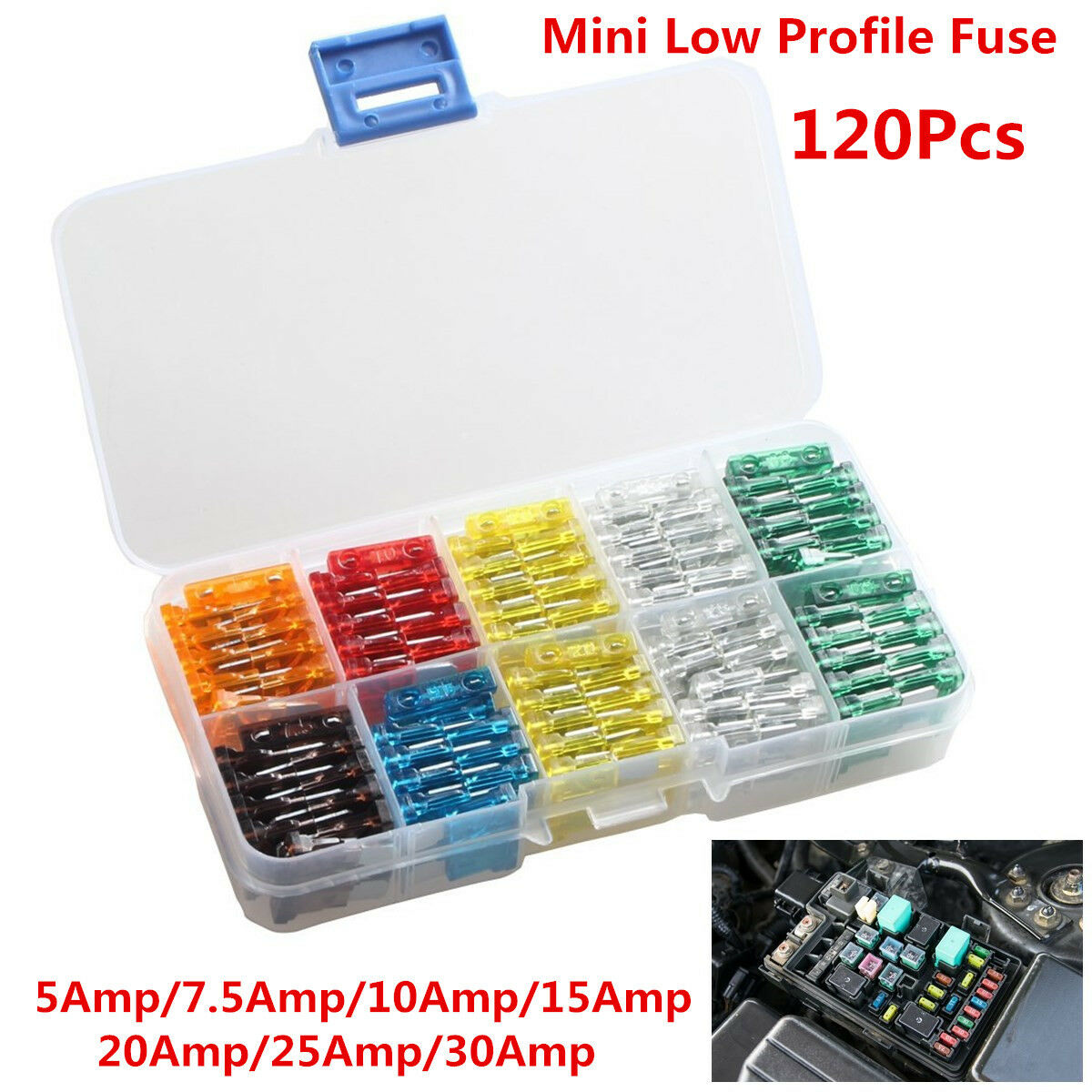 Lot 120Pcs Mix Assorted Car Mini Low Profile Fuse Box - 5 7.5 10 15 20 25 30 AMP