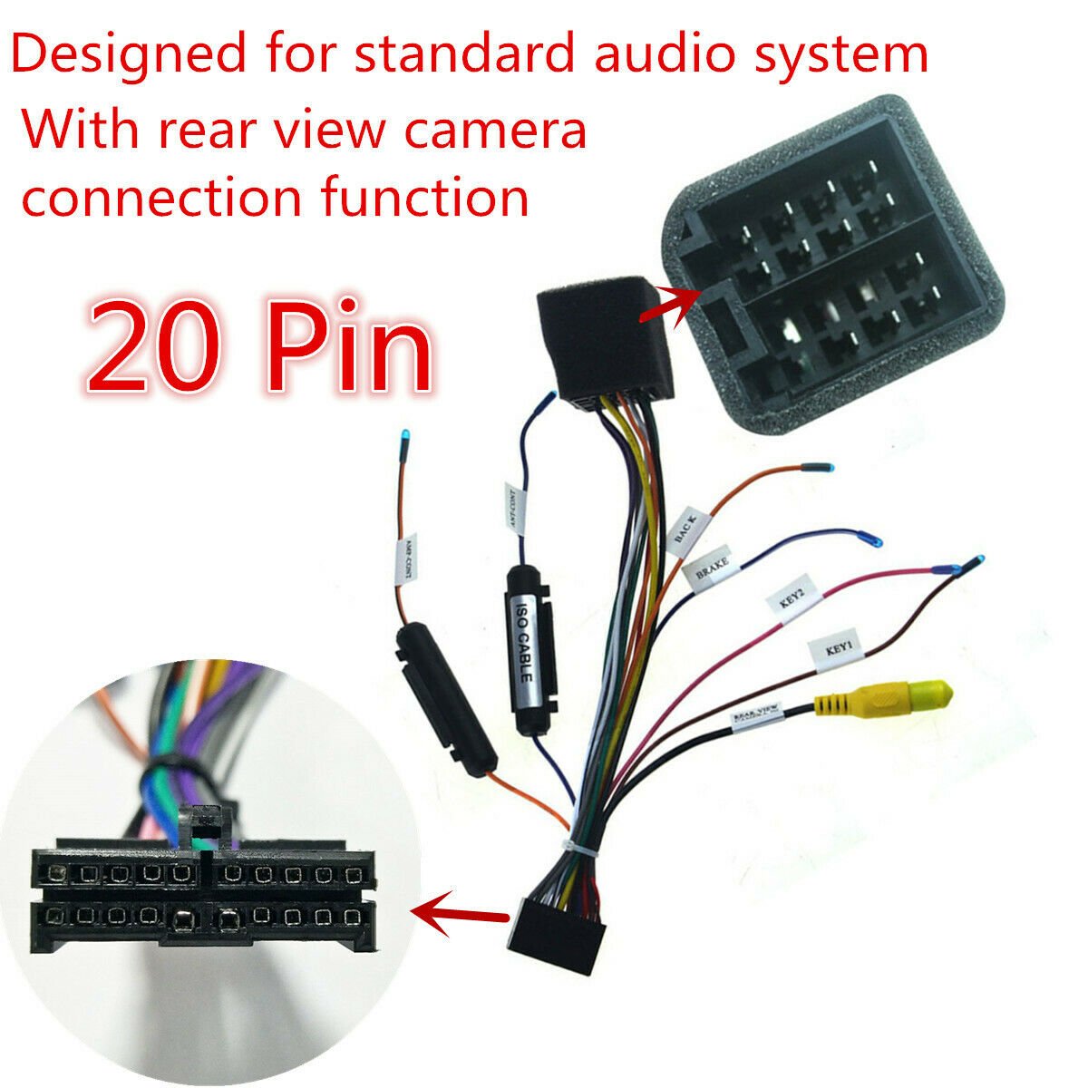 Car Stereo 20 PIN ISO Wiring Harness Connector with Rear View Camera Connection
