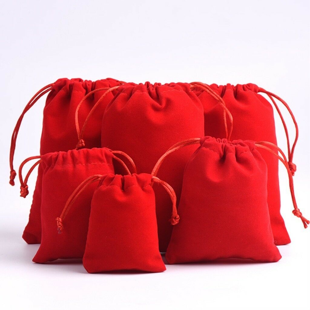 10Pcs Velvet Xmas Jewelry Bags Drawstring Pouch Wedding Party Bags Candy Red