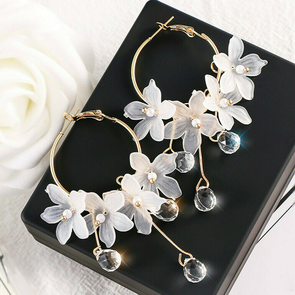 White Drop Earrings Crystal Tassel Dangle Acrylic Flower Women Jewelry Accessory