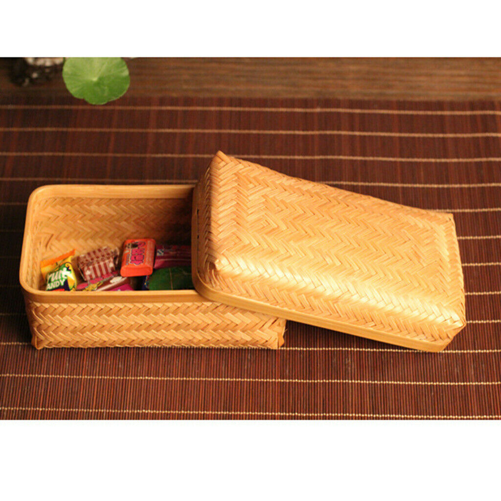 Bamboo Storage Basket Tray Food Hamper Bread Fruit Tea Box Organizers w/ Lid